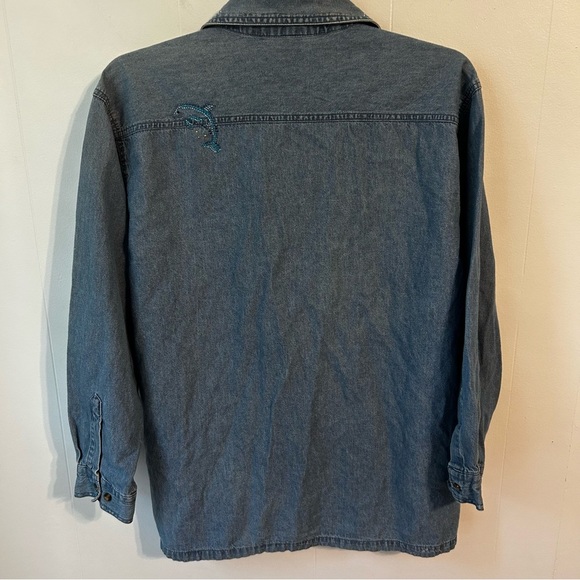 Embroidered Denim Shirt with Beaded Details women’s 1x. Dolphin bedazzled ocean. - Picture 11 of 12